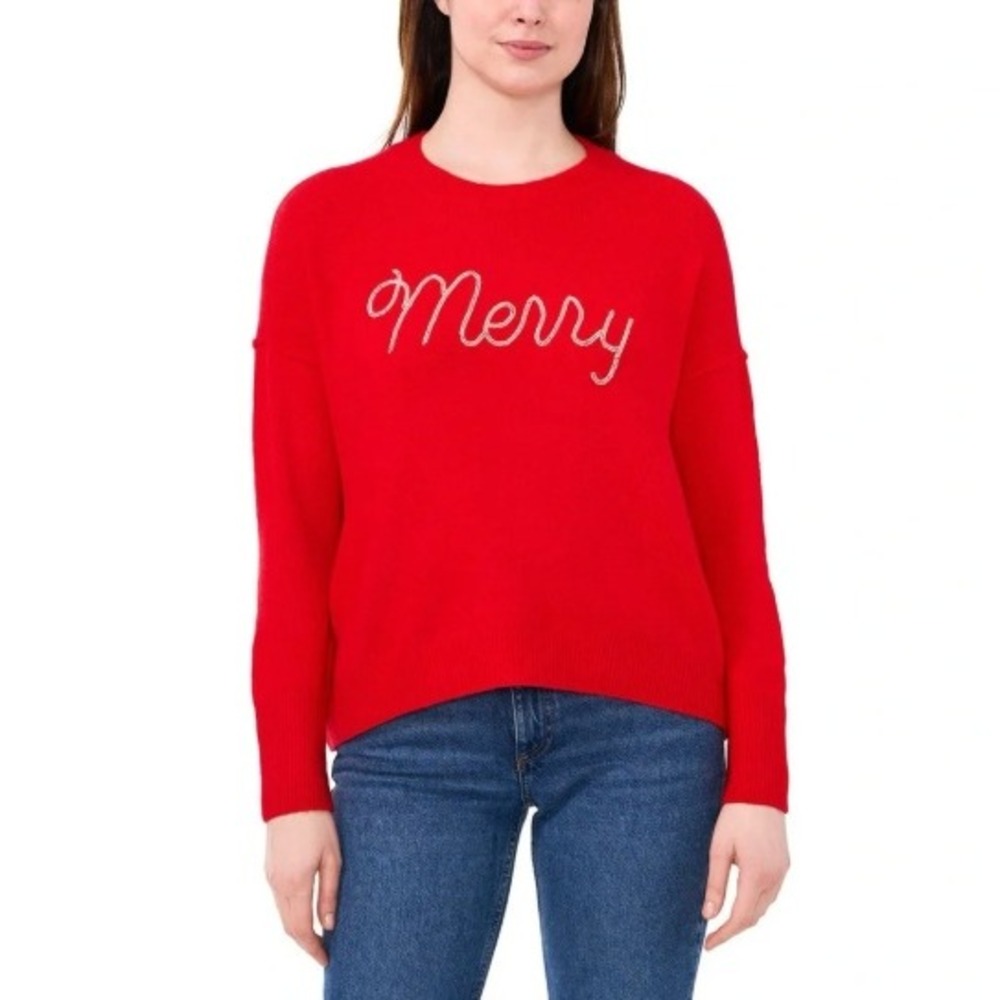 Vince Camuto Red Merry Beaded Holiday Sweater Womens Medium Crewneck Pullover